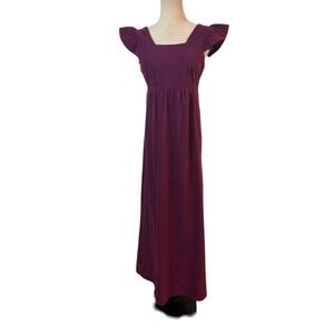 Vtg 70s Byer California Maxi Dress Plum Velour Flutter Sleeve Prairie Boho Sz M